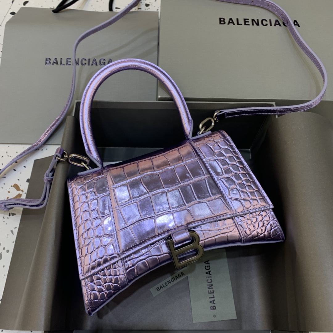 Balenciaga Hourglass Small Handbag Crocodile Embossed Shoulder Bag Light Purple